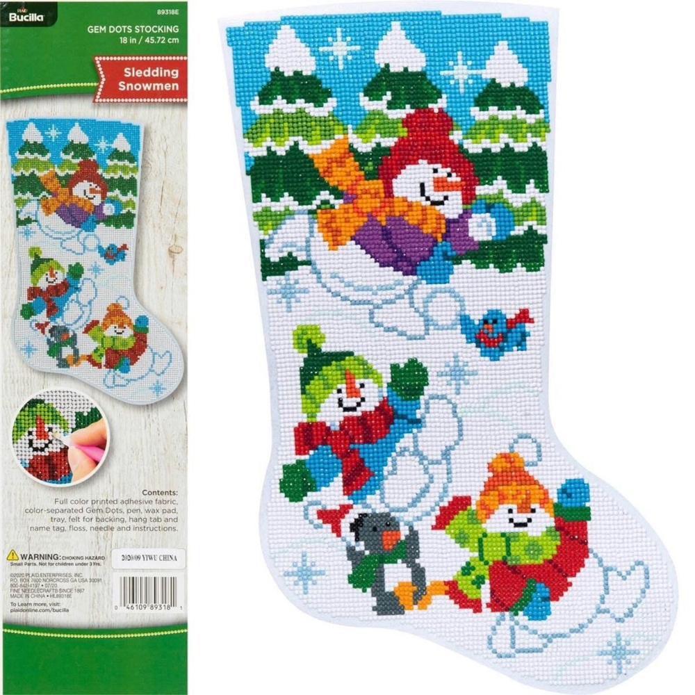 Bucilla Gem Dots Sledding Snowmen Christmas Stocking Kit Diamond Art